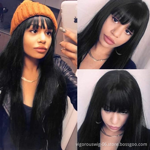 Vigorous 28 inches Long Straight Black Wig Lace Heat Resistant Synthetic Wig With Bangs Natural Hair Wig for Black Women
